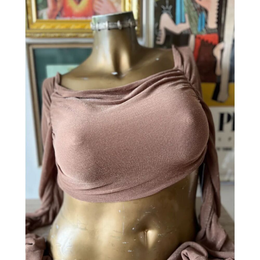 Cropped Mesh Top Long Ruched Bell Sleeves Brown Metallic Shimmer Korean Small - Picture 12 of 12